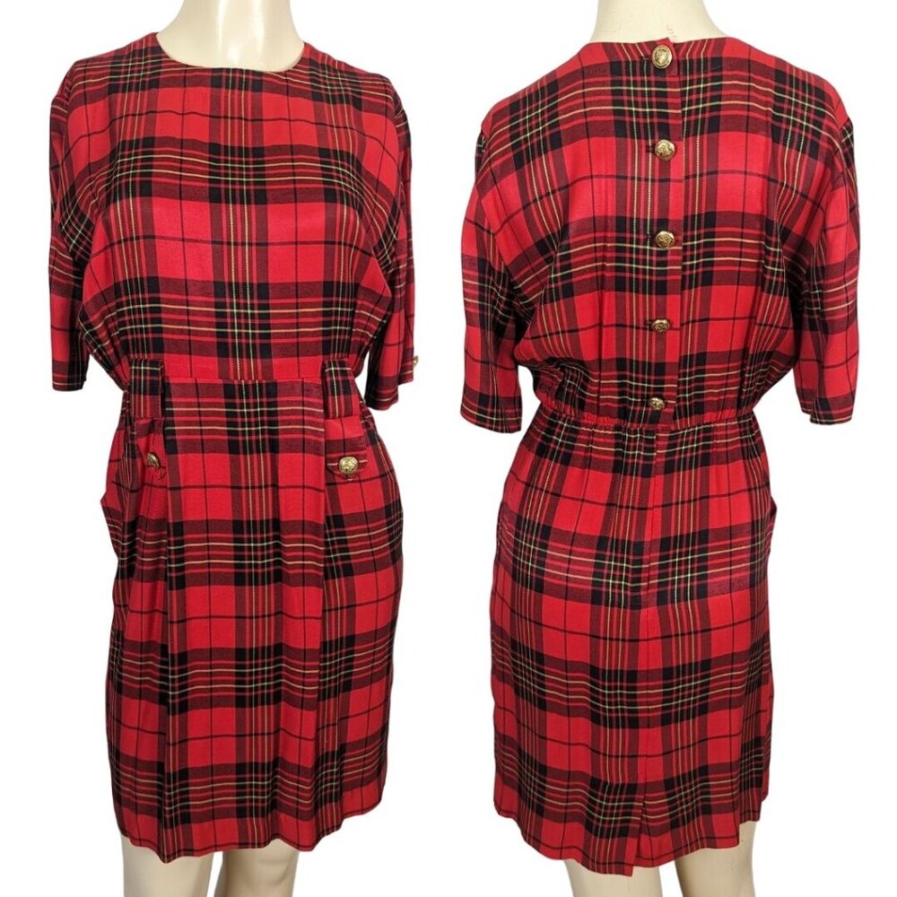 Geoffrey Craig petites red black plaid gold button short sleeve‎ Sheath dress 4